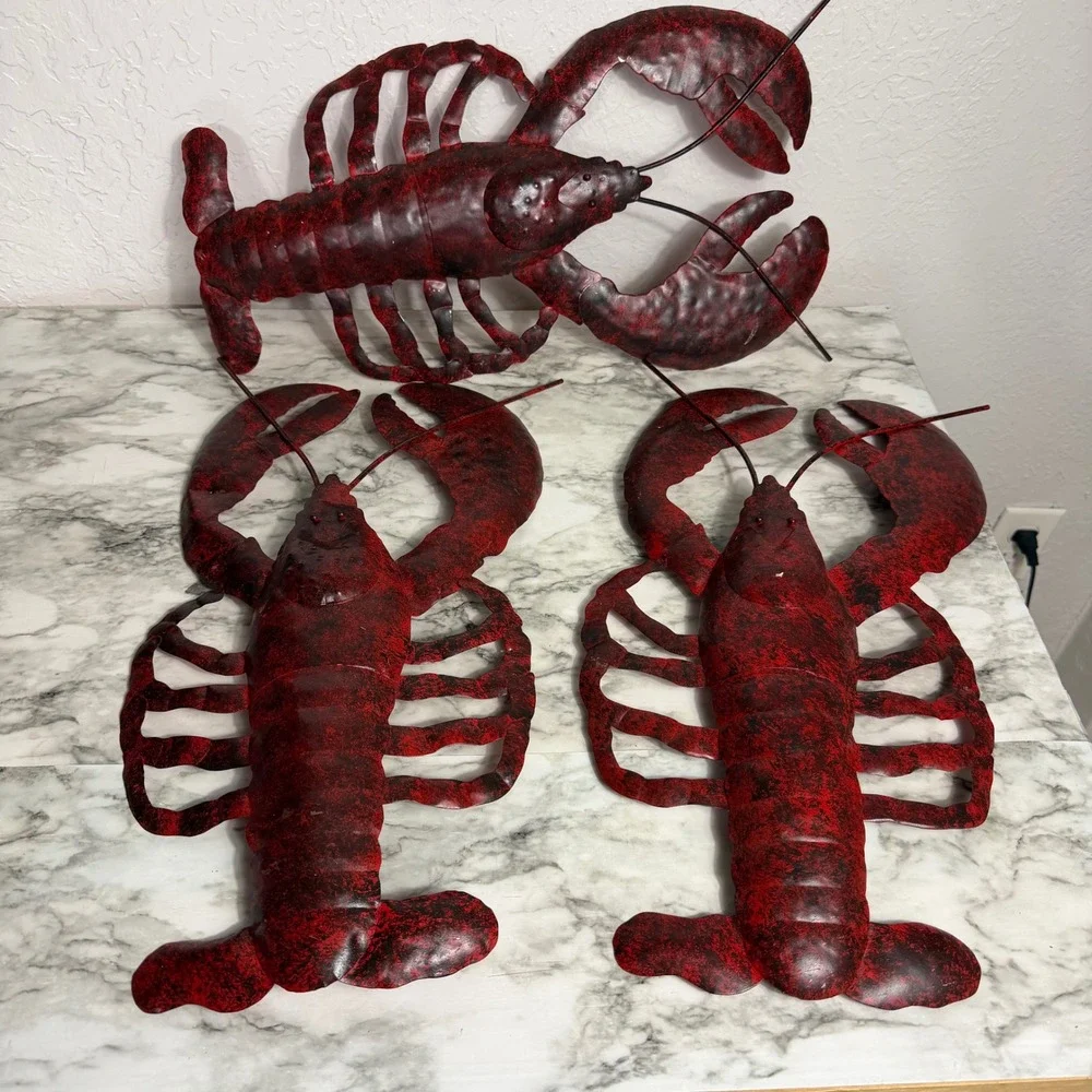 Set of 3 Metal Lobster Wall Art Decor Distressed Red Black Nautical Coastal 18in
